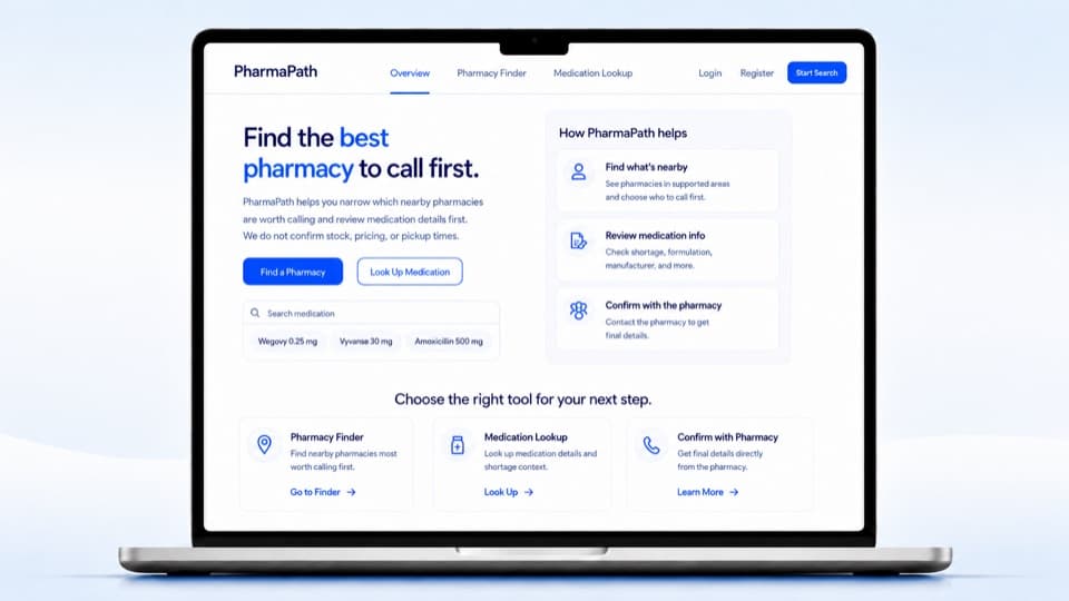 Screenshot of PharmaPath displayed on a laptop with shortage context, pharmacy call guidance, watchlist alerts, and overview panels.