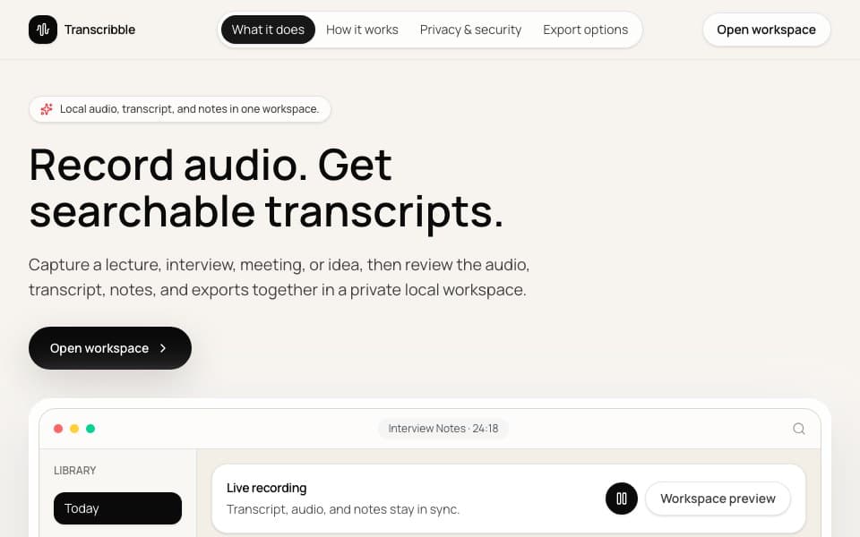 Screenshot of Transcribble in light mode showing the recording and import workspace.