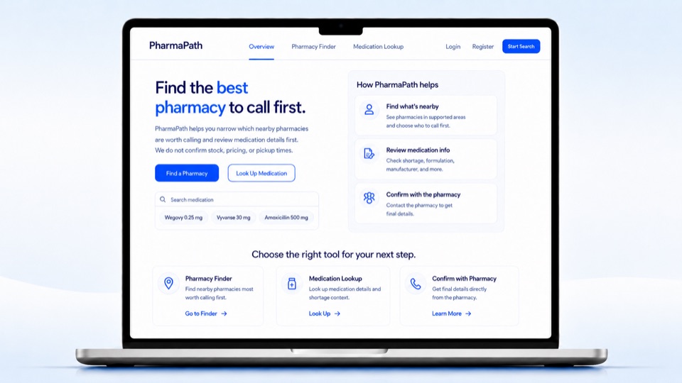 Screenshot of PharmaPath displayed on a laptop with shortage context, pharmacy call guidance, watchlist alerts, and overview panels.