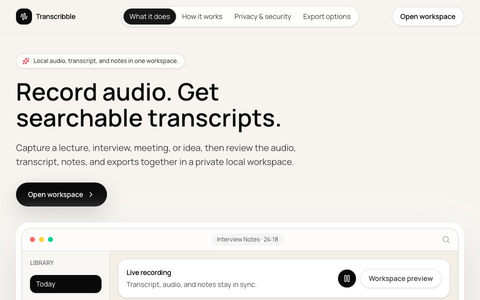Screenshot of Transcribble in light mode showing the recording and import workspace.